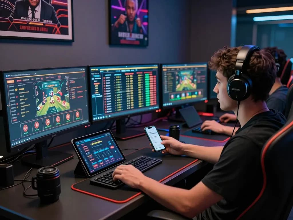 Player immersing in rikbet online betting with multiple screens showcasing odds and strategies.