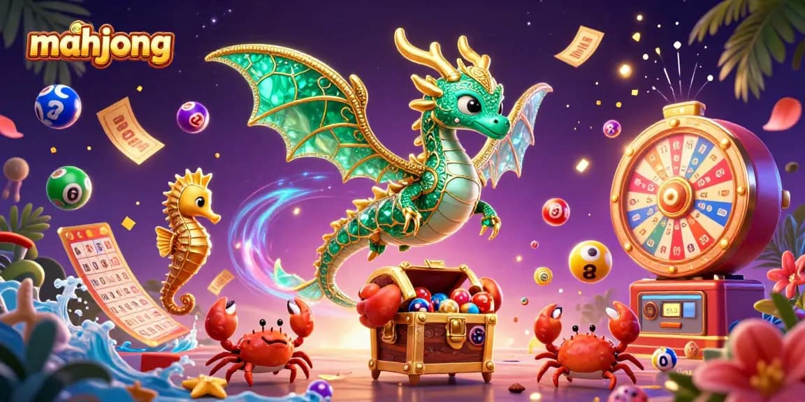 Experience mahjong action with vibrant elements and colorful characters in this casino-themed illustration.