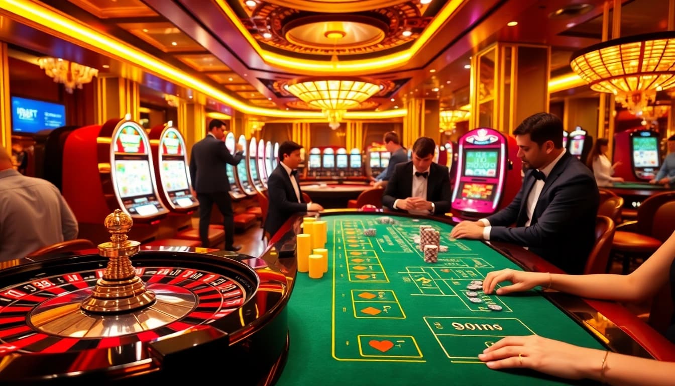An exciting gaming scene at i9bet showcasing players at a roulette table and slot machines for a thrilling gambling experience.