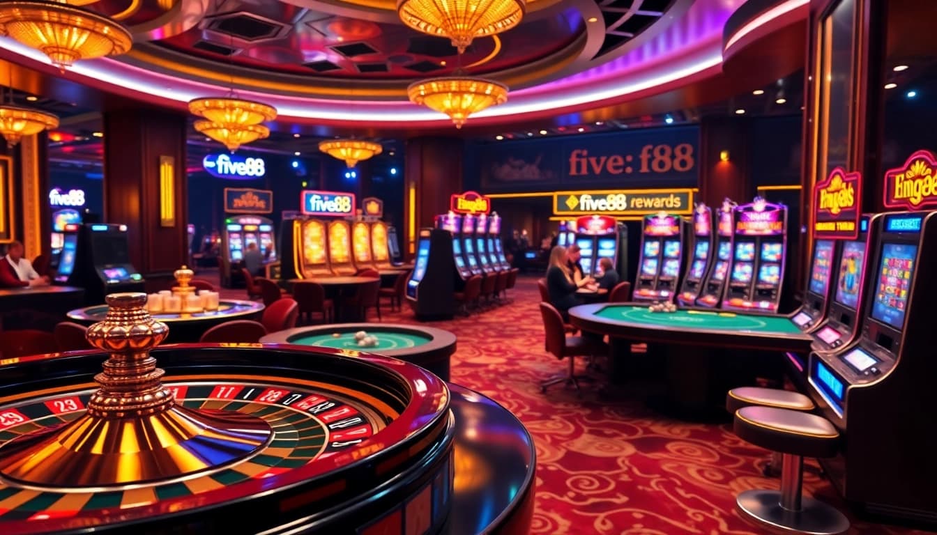Exciting gambling atmosphere at five88 casino with roulette and poker tables.