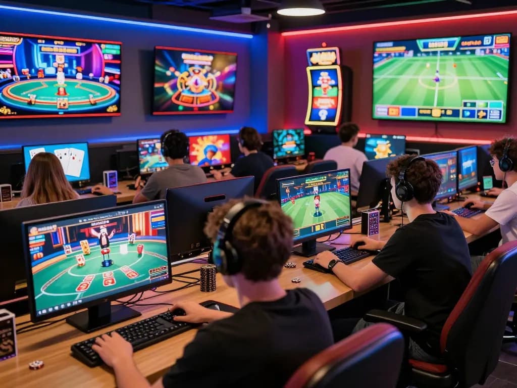 Hitclub gamers enjoying diverse games in vibrant online gaming environment with modern setup.