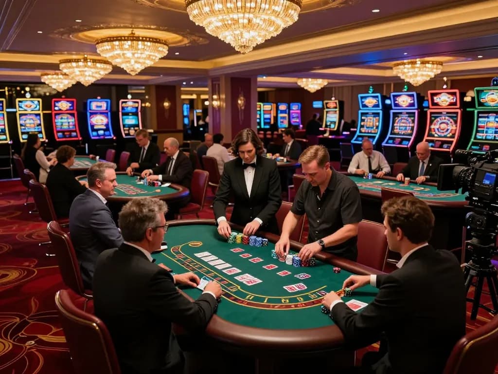 Hitclub blackjack players strategizing bets at a luxurious casino table amidst vibrant lighting.
