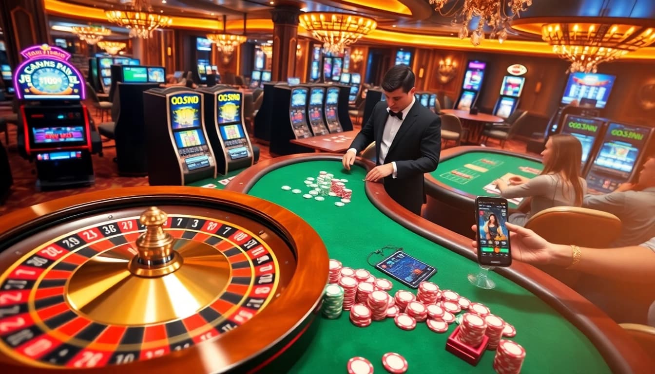 Experience thrilling gameplay at OKFUN casino with vibrant slot machines and a lively poker table.