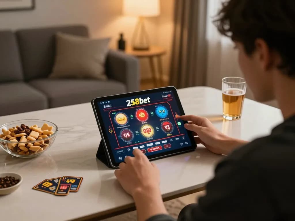 Player engaging with 258bet app on tablet in cozy home environment, showcasing online casino experience.