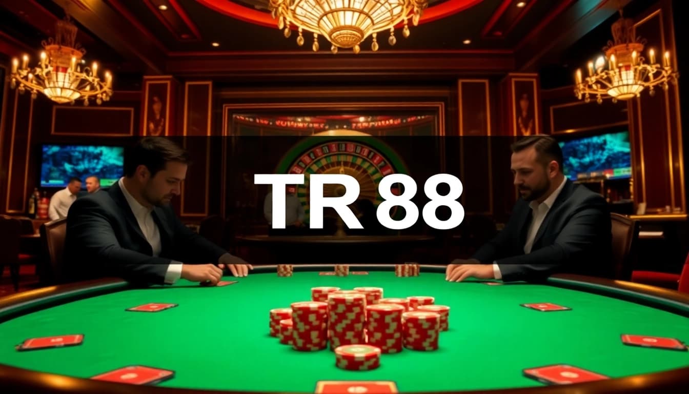 Players engaging in a poker game with the TR88 link displayed prominently, showcasing high-stakes excitement.
