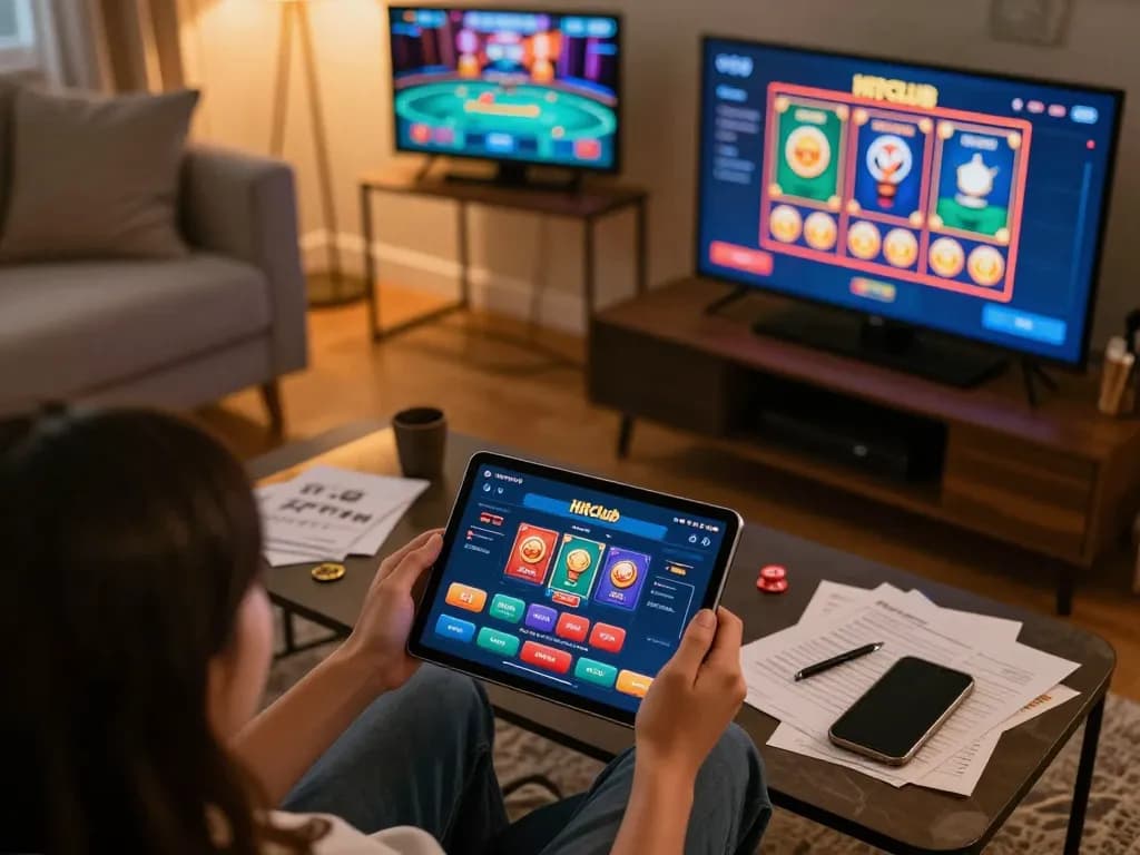 Engaging with the Hitclub casino app for online gaming in a cozy living room setting.