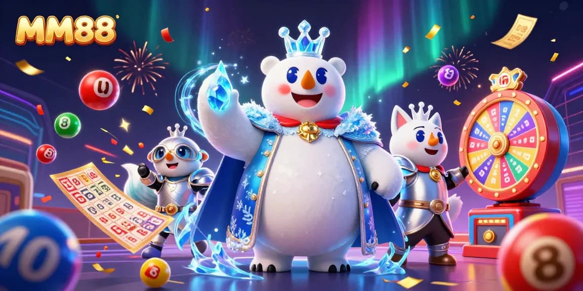 Win big with MM88 lottery balls and festive celebration elements in a vibrant casino scene.
