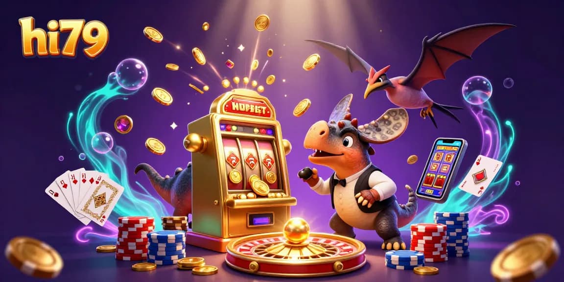 hi79 reveals a giant pachycephalosaurus winning coins from a golden slot machine, creating a vibrant casino scene.
