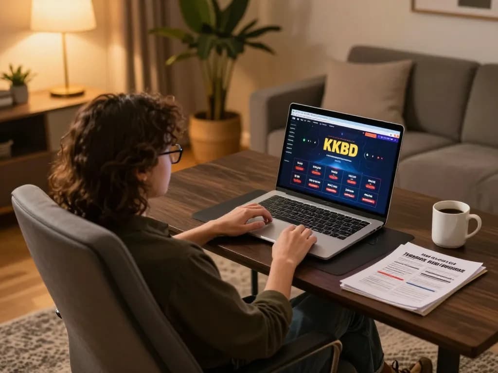 Engaged user playing on KKBD Casino platform at a cozy home setup with laptop and betting notes