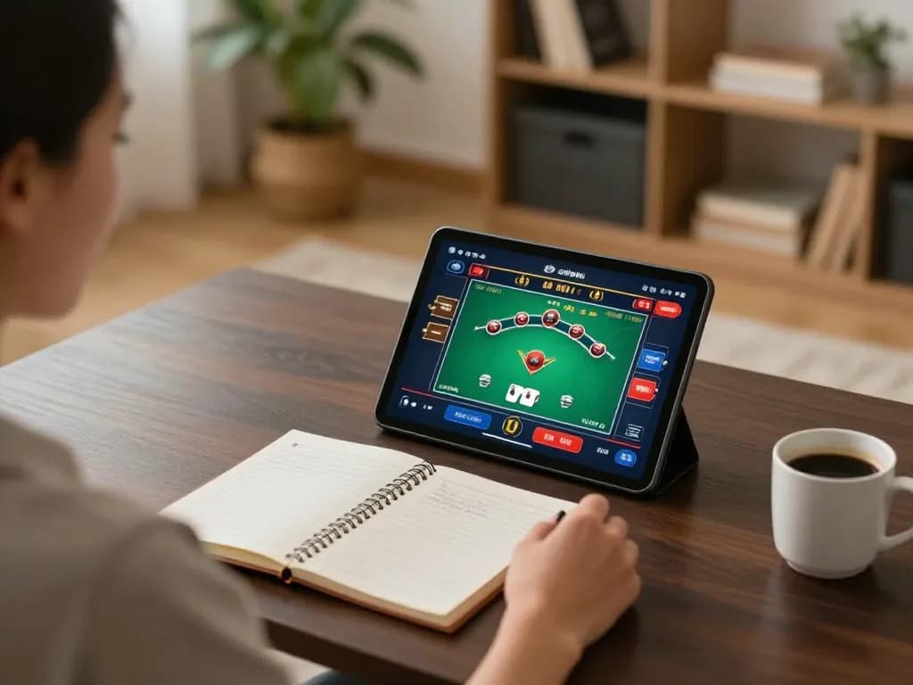 Betting on 78WIN with a tablet in a cozy home setup, showcasing online poker gameplay.