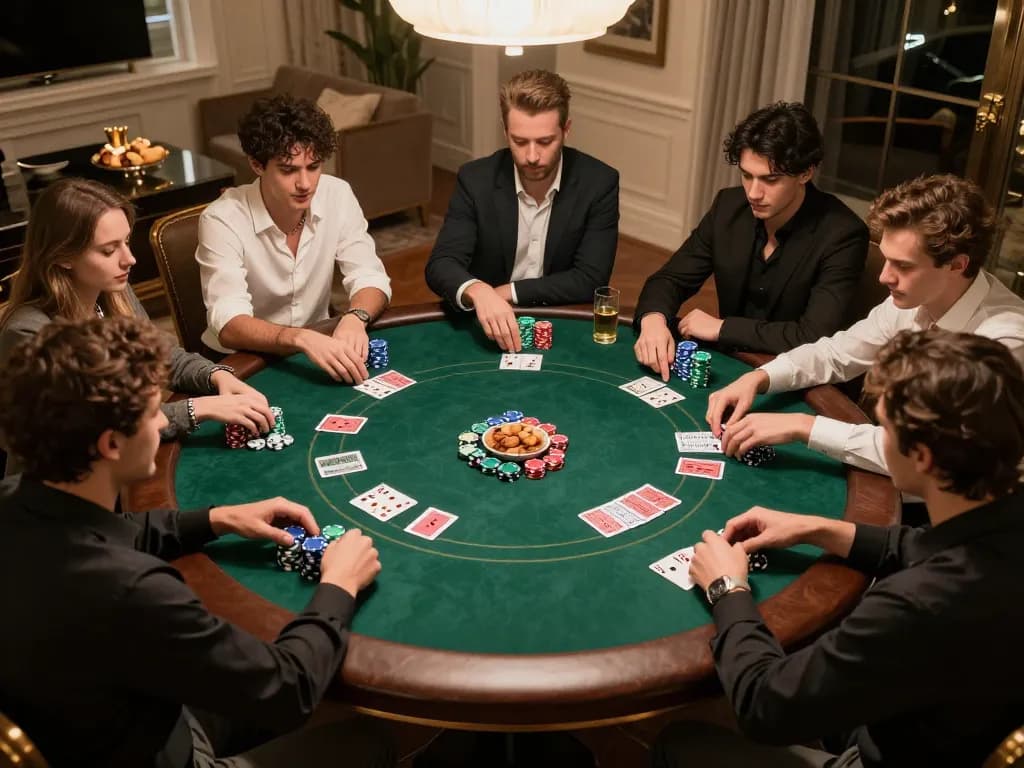 Players enjoying a thrilling poker night at home, showcasing the friendly competition and strategic play of 789win1.