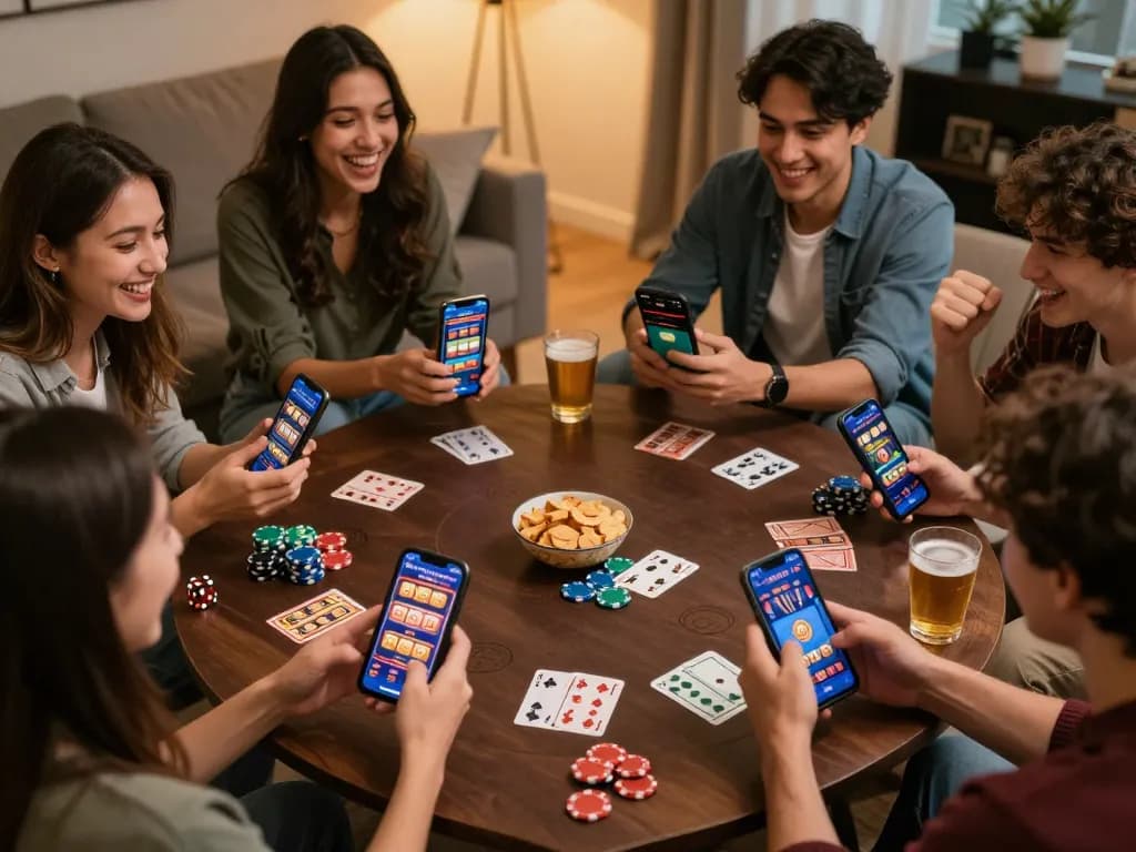 Friends enjoying a gaming night with the 77bet casino app on phones, celebrating wins together