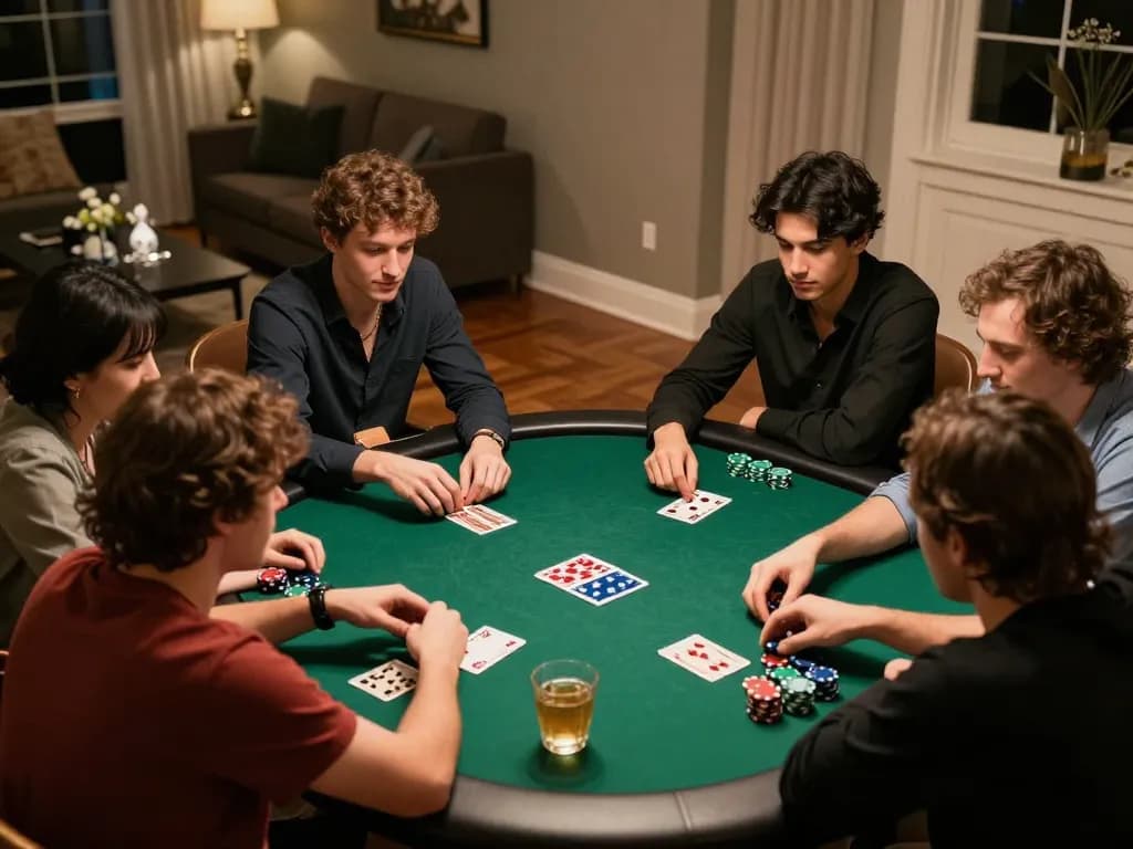 Engaged players strategizing in a friendly poker game at home using debet, cozy atmosphere, drinks and cards visible.