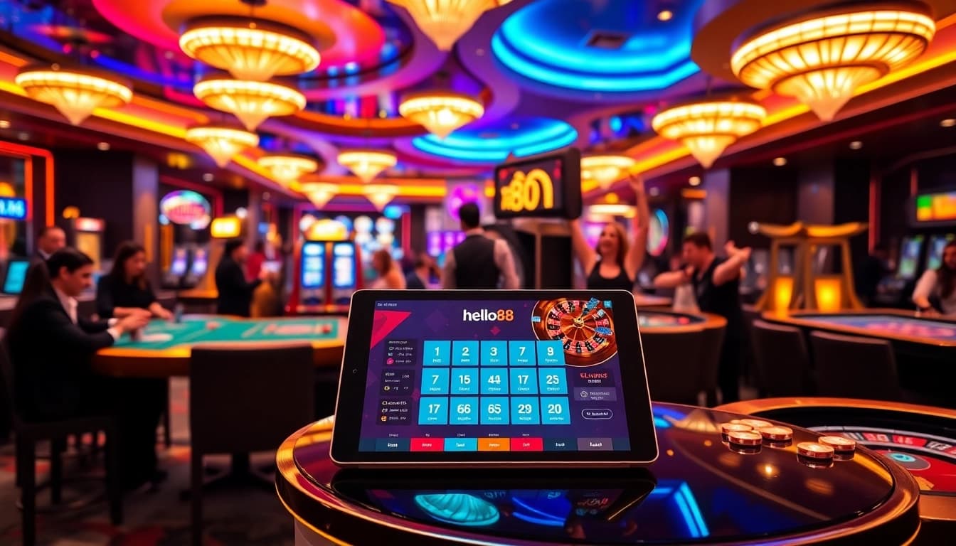 Players enjoying vibrant casino games at hello88's luxurious gaming floor.
