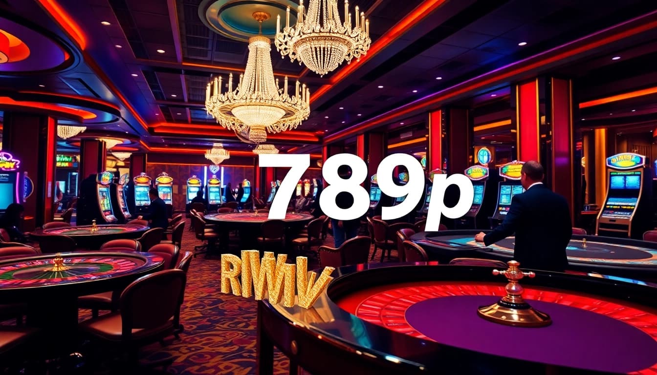 Exciting casino atmosphere featuring gambling elements like roulette, poker, and slot machines, showcasing 789p.
