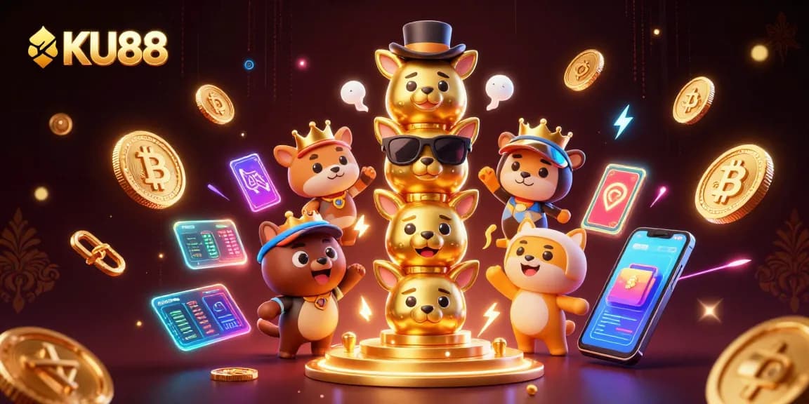 Experience winning excitement at KU88 Casino with a vibrant 3D totem illustration featuring neon crypto elements.