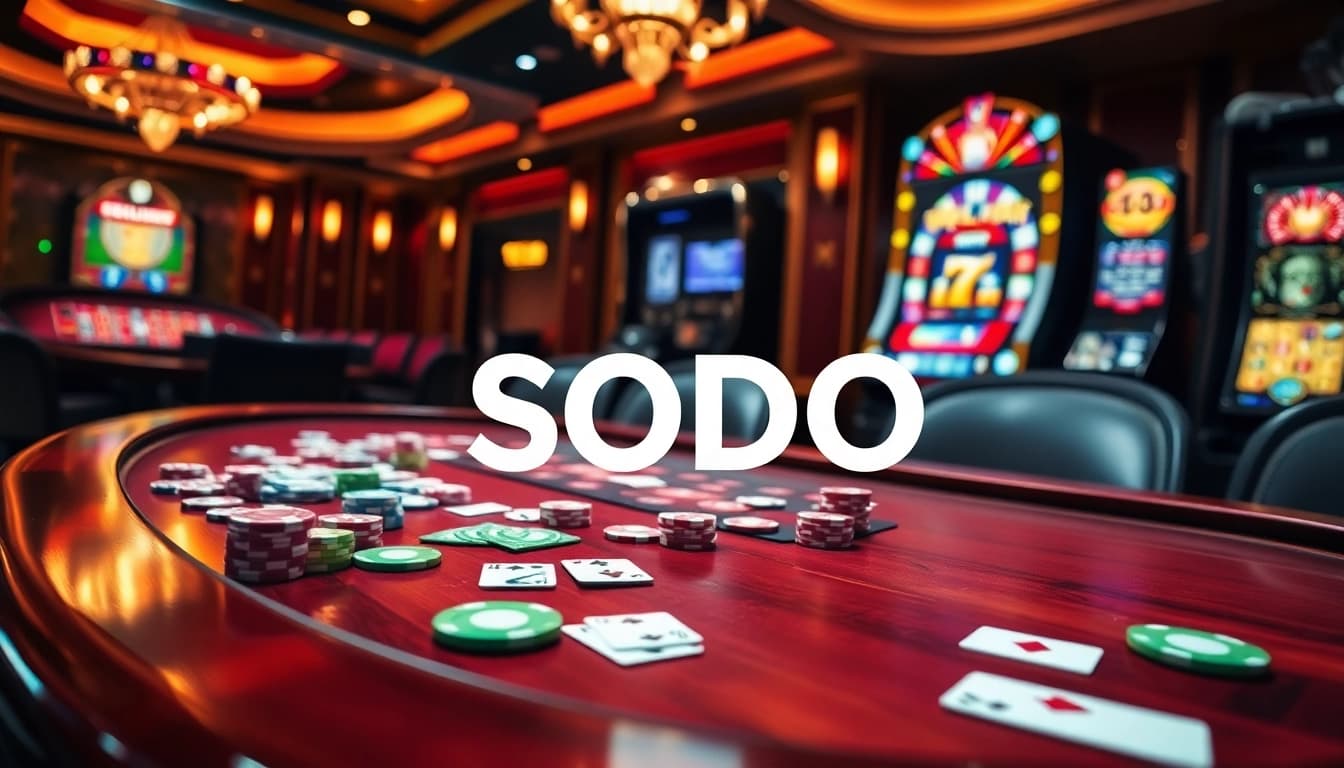 Players enjoying a high-stakes game at SODO Casino, surrounded by colorful chips and a vibrant atmosphere.