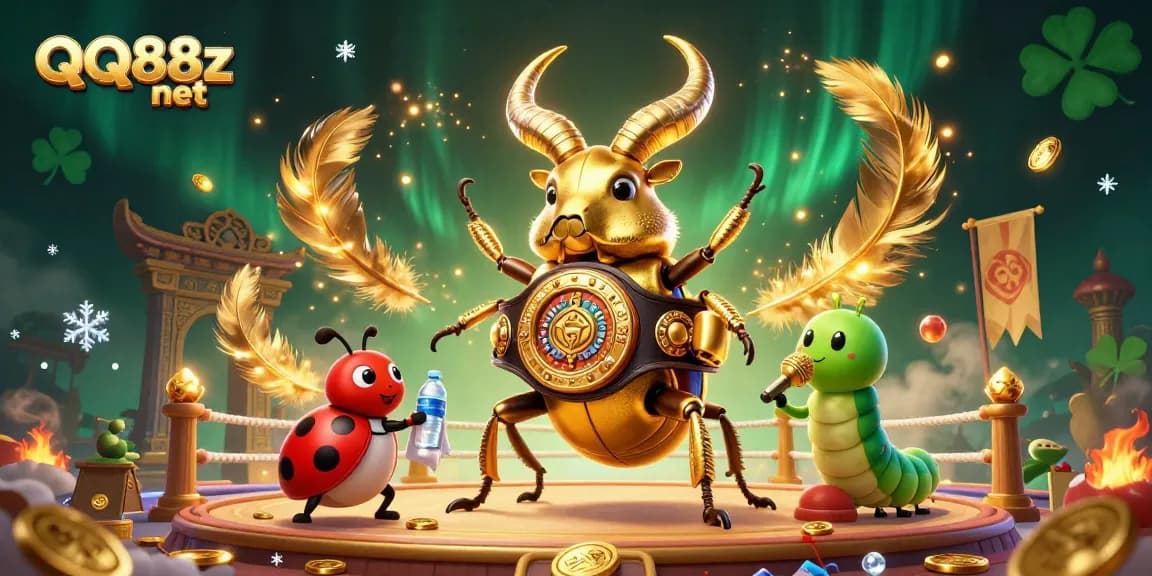 Experience thrilling action at QQ88z net with a giant stag beetle champion facing off, surrounded by an electrifying atmosphere.