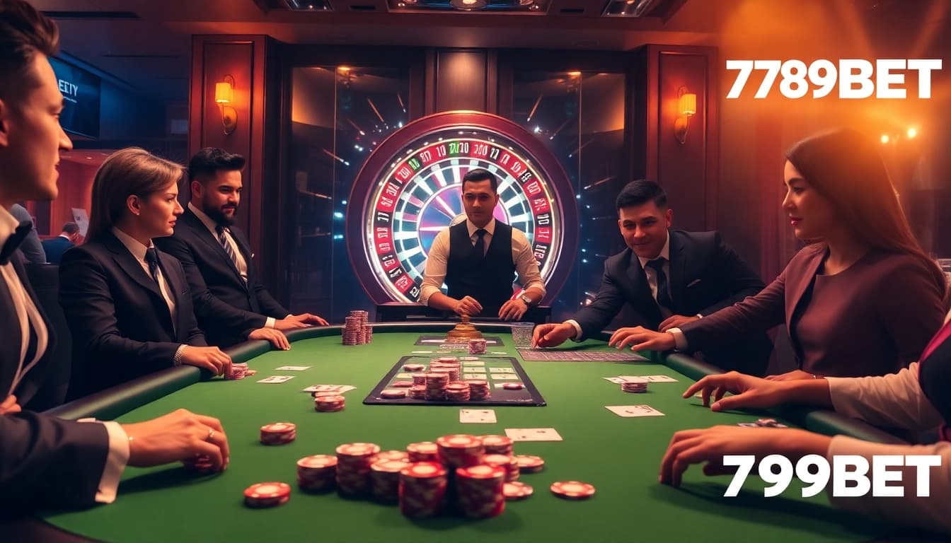 Players enjoying a thrilling game at 789BET casino table with exquisite poker chips and dynamic roulette atmosphere.