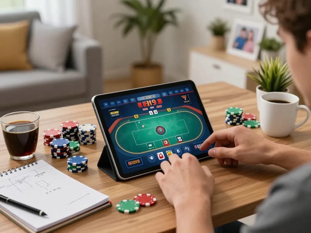 Kuwin player engaged in an online poker game on a tablet with colorful chips and strategy notes in a cozy home setting.