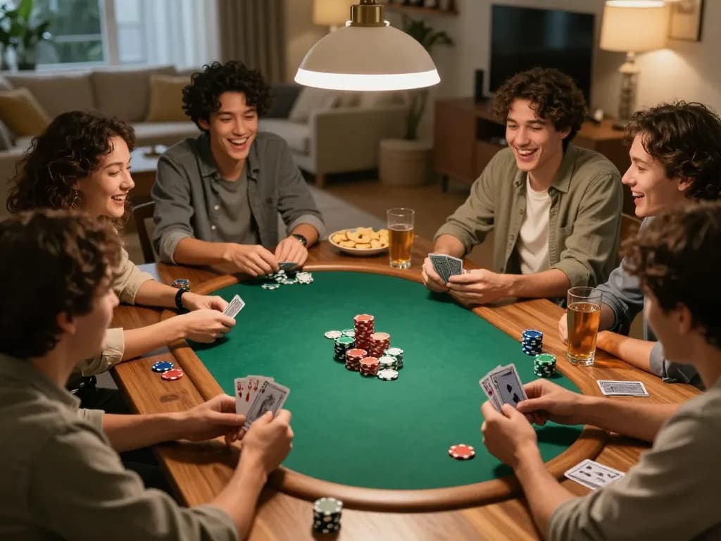 Friends enjoying a poker night around the table, experiencing the excitement of a 79 king game