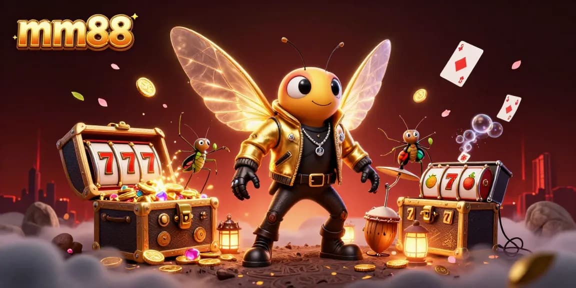 Experience the thrilling games of mm88 with a dynamic scene featuring a cicada rock star amidst slot elements and vibrant colors.
