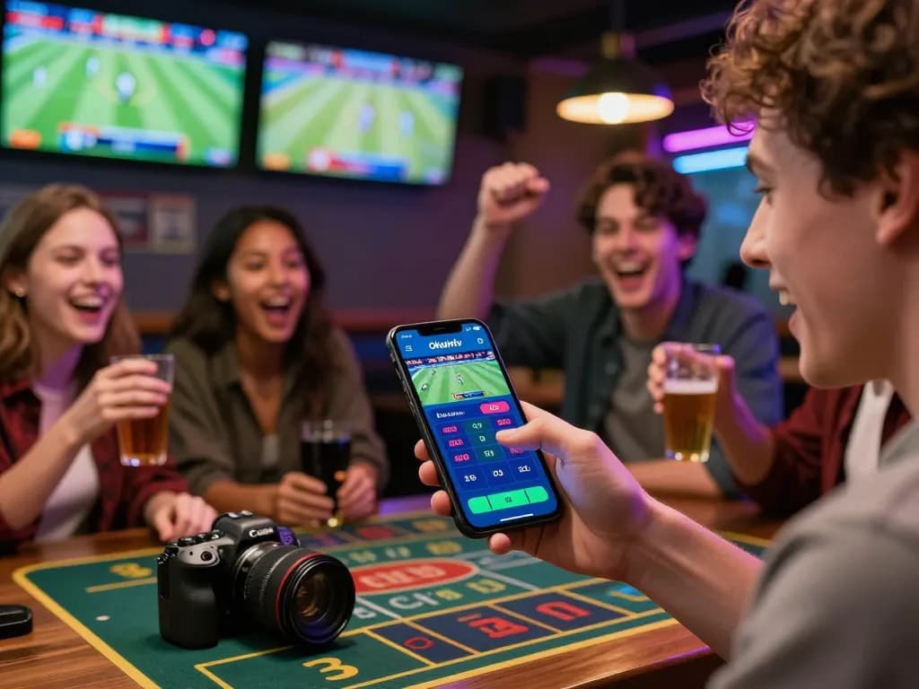 Okwintv user betting on smartphone during sports event, capturing excitement and interaction at a lively venue.