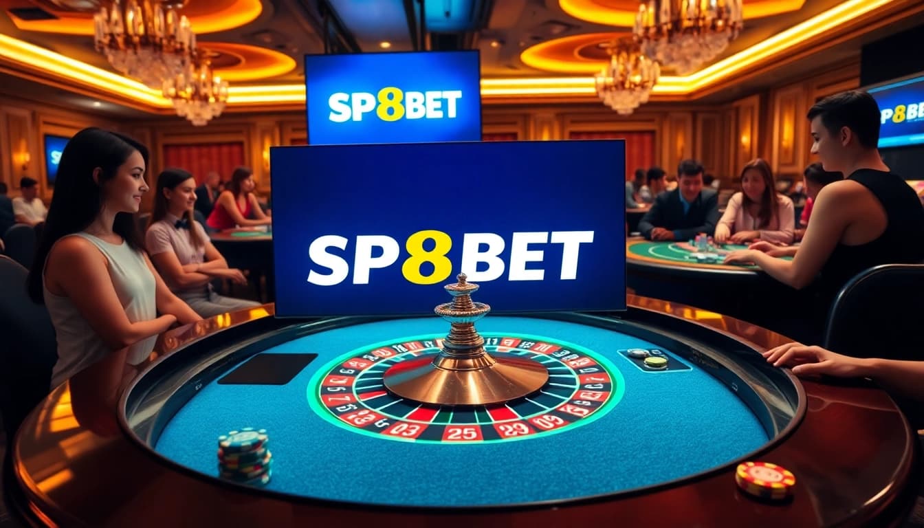 Experience excitement at SP8BET with vibrant casino visuals including roulette, chips, and eager players.
