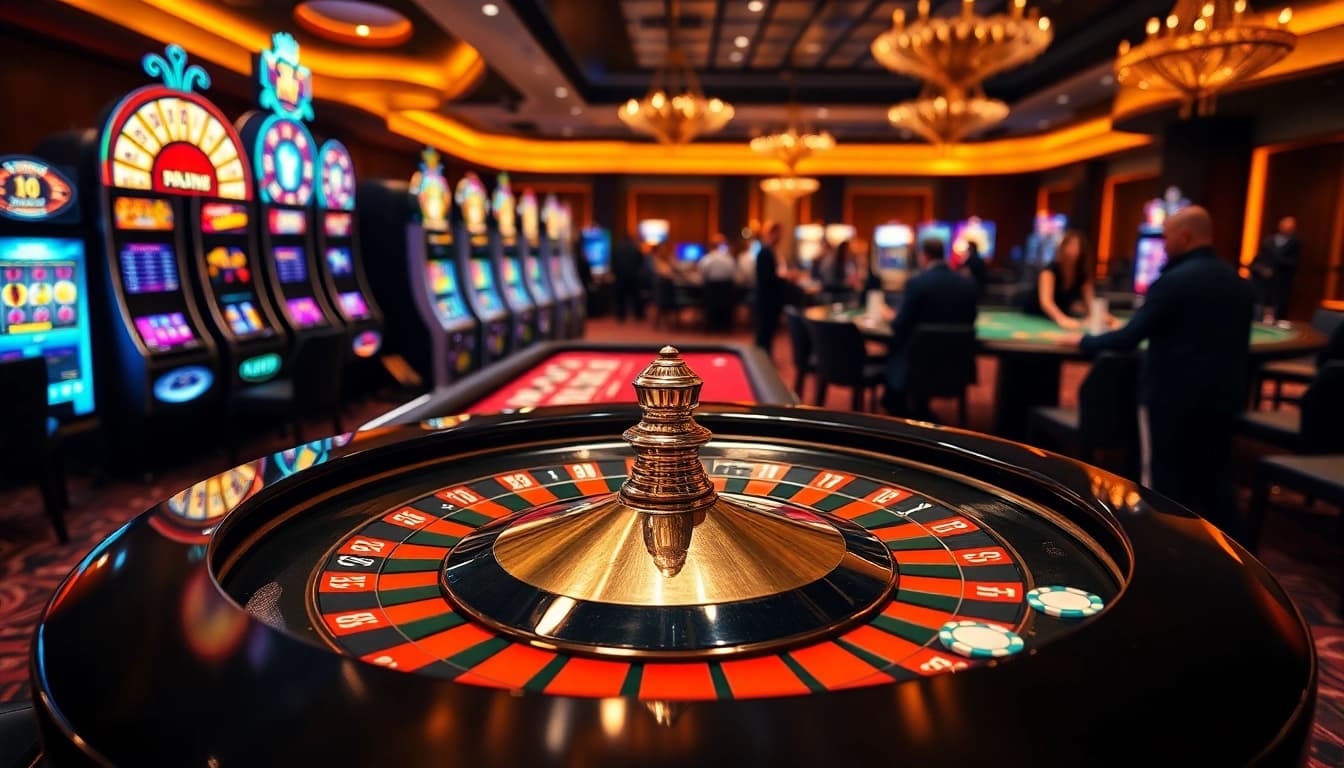 Engaging gaming scene showcasing the excitement of link RR88 with vibrant casino tables and slot machines.