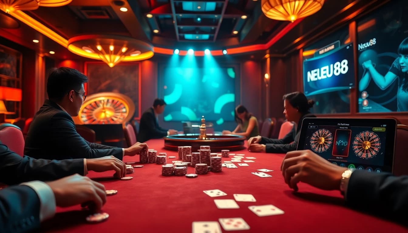 Experience high-stakes poker action at NEU88 with chips and cards in an exciting casino atmosphere.