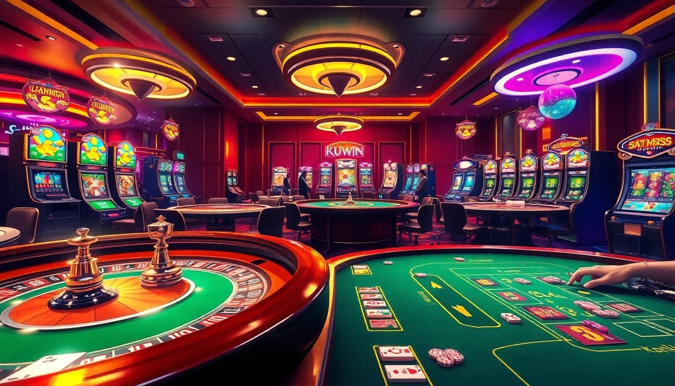 Exciting view of KUWIN casino gaming tables with vibrant chips and cards