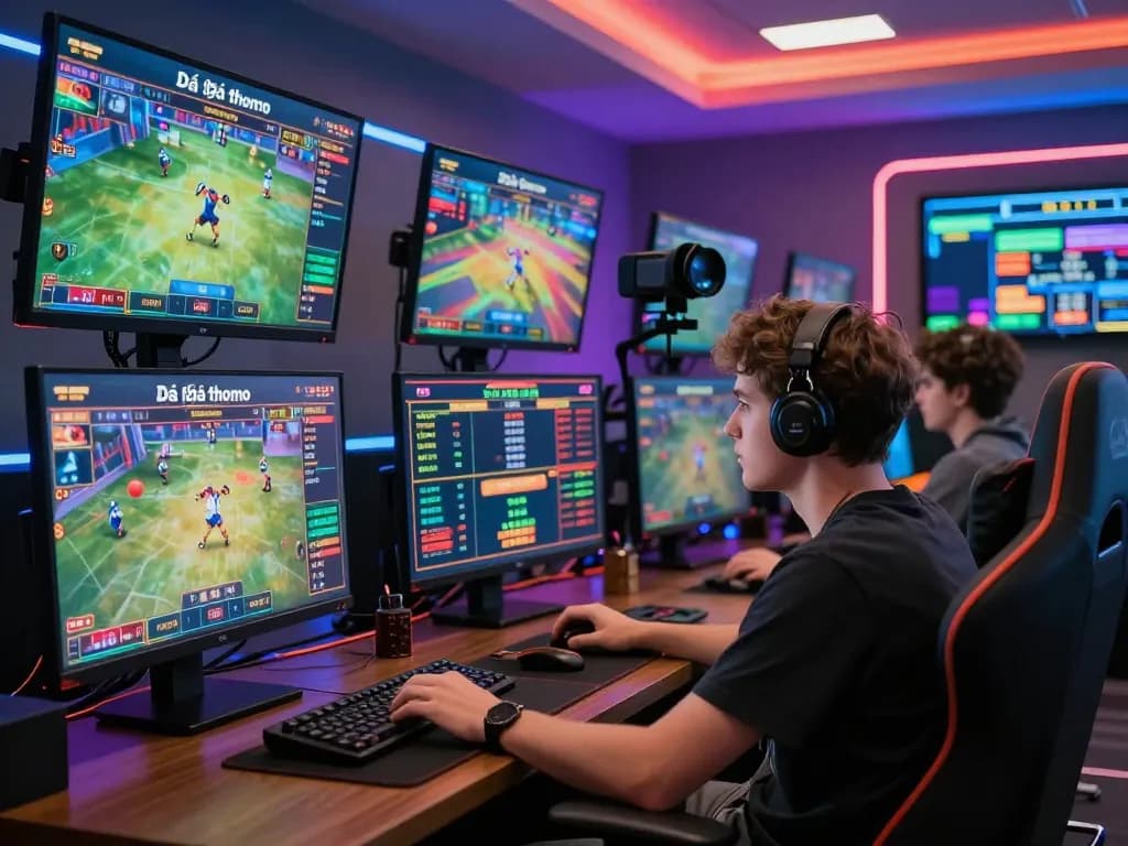 Engaging in Đá gà thomo online betting with real-time stats on multiple screens in a modern gaming setup.