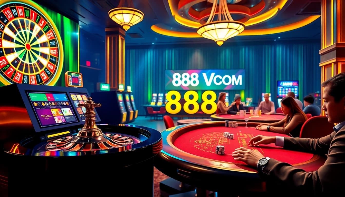 Experience the thrill of winning with 888VND COM in an exciting casino atmosphere featuring poker tables and slot machines.
