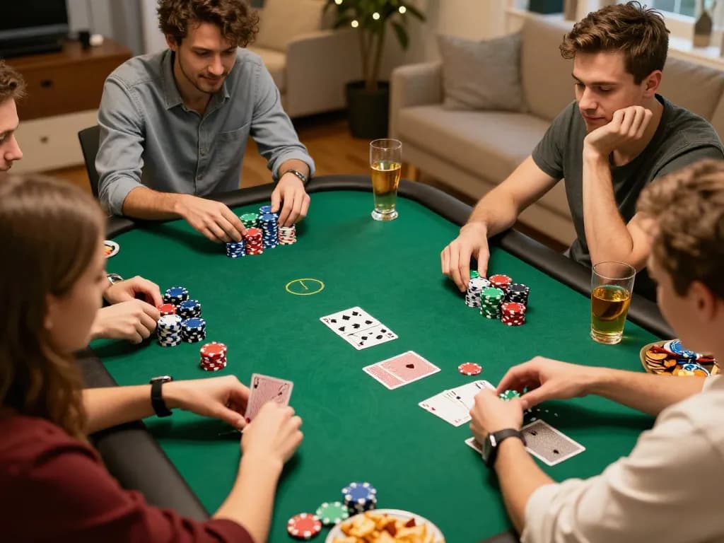 Friends enjoying a thrilling poker game at home while trying their luck with OPEN88.