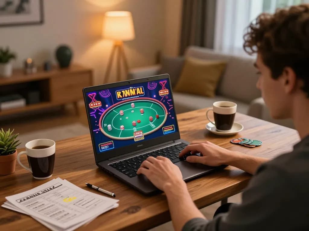 Person engaging with fabet online gaming interface on laptop, showcasing an immersive gambling experience