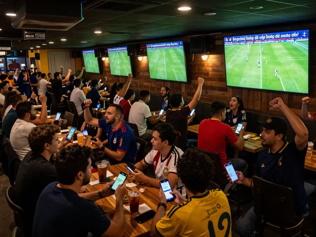 Engaged fans watching trực tiếp bóng đá cúp bóng đá nam mỹ in a bustling sports bar, celebrating every goal.