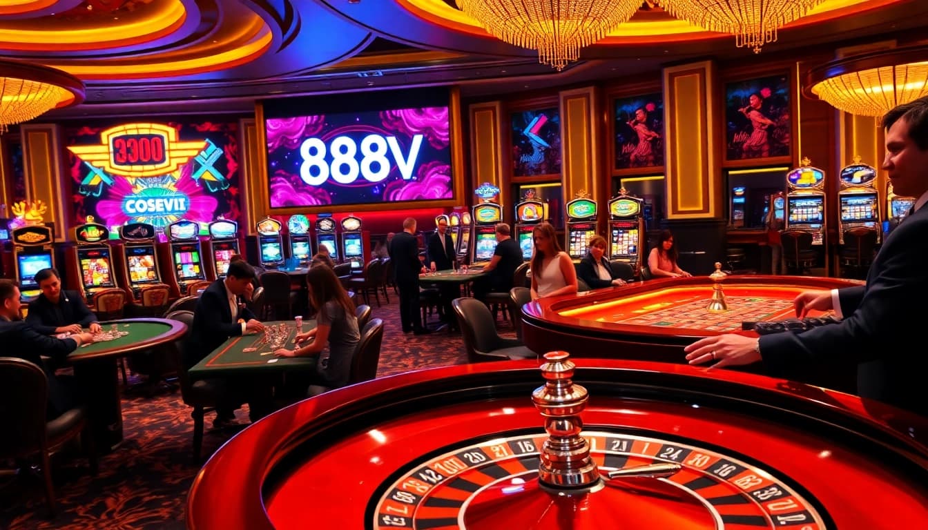 Players enjoy thrilling games at 888VI casino with roulette and poker tables.