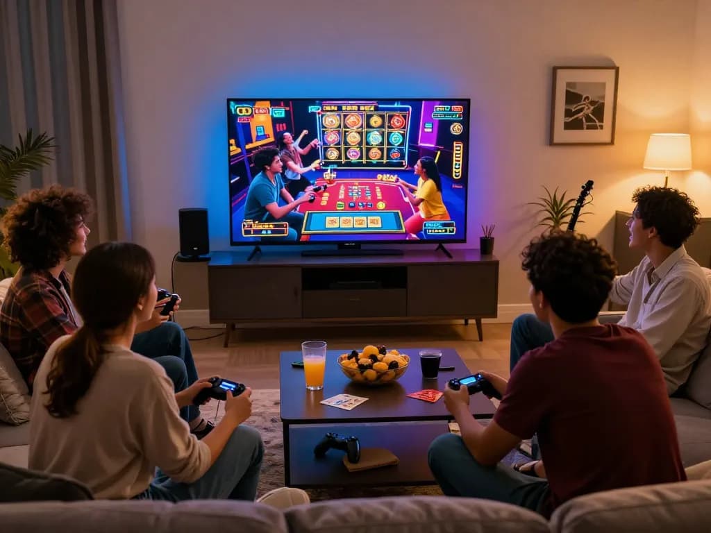 Friends enjoying an exciting online gaming night with gem88 in a cozy living room.