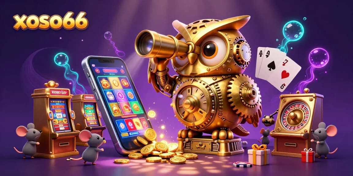Experience the excitement of xoso66 with a lively casino scene showcasing an owl and playful mice.
