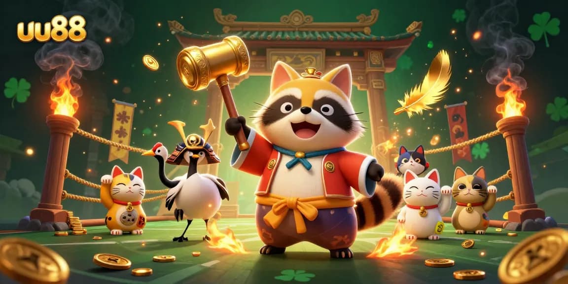 uu88 promotes an exciting gambling atmosphere with a cheerful tanuki and colorful maneki-neko inviting players to join the fun.
