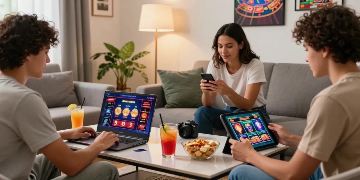 Players enjoying credit card casinos at home, featuring laptops and vibrant games.