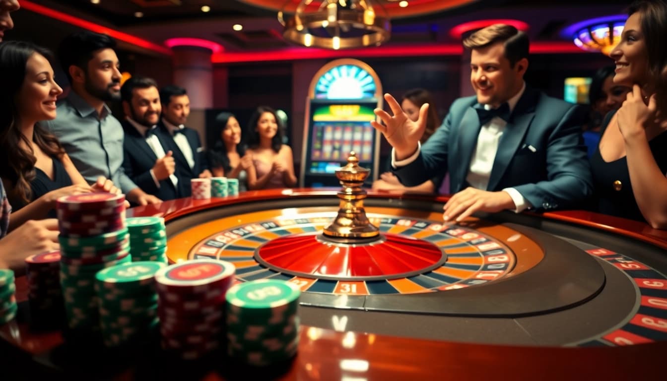 A dynamic casino scene highlighting a roulette table with players and vibrant chips at https://www.bdtk66.blog/ for ultimate excitement.