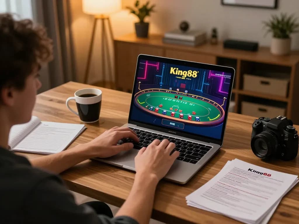 Player enjoying King88 online blackjack with a laptop and strategy notes in a cozy setting.