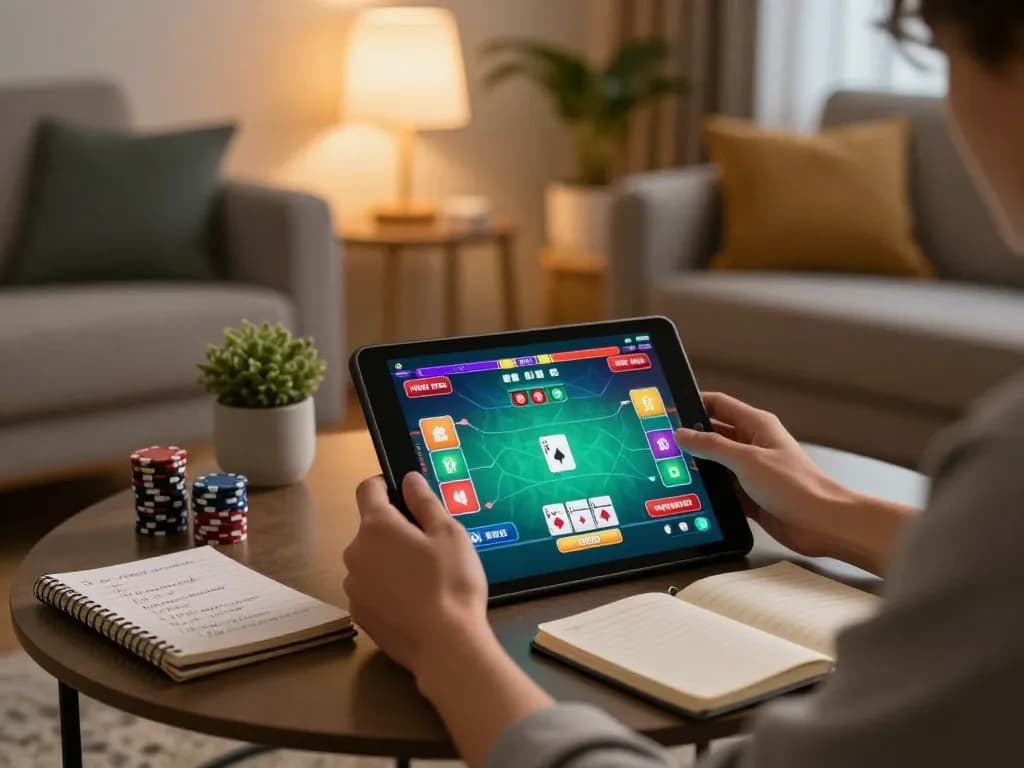 32win player engaging in strategic online game on tablet in a cozy living room