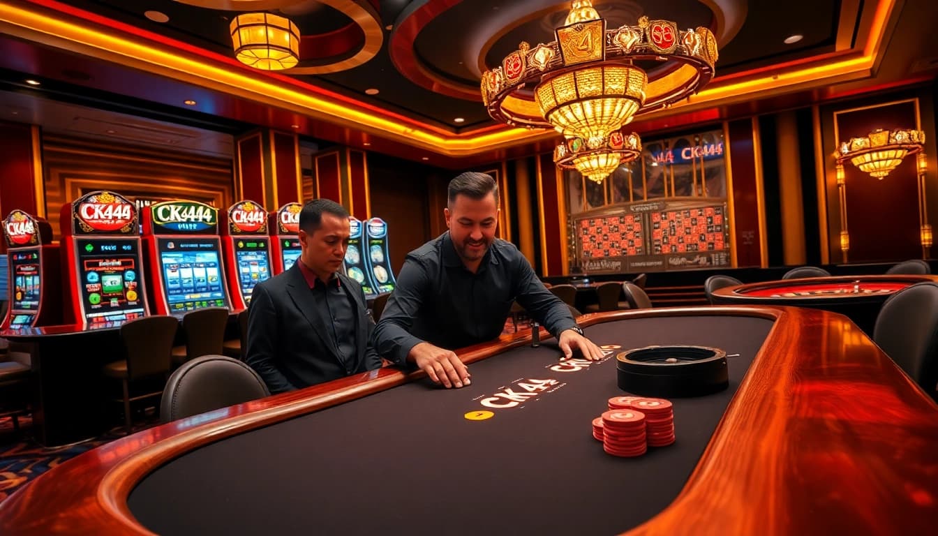CK444 casino scene with poker table, vibrant chips, and roulette wheel in luxurious setting.
