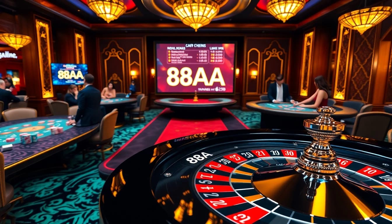 Players enjoying a roulette game at 88AA casino with vibrant tables and chips.