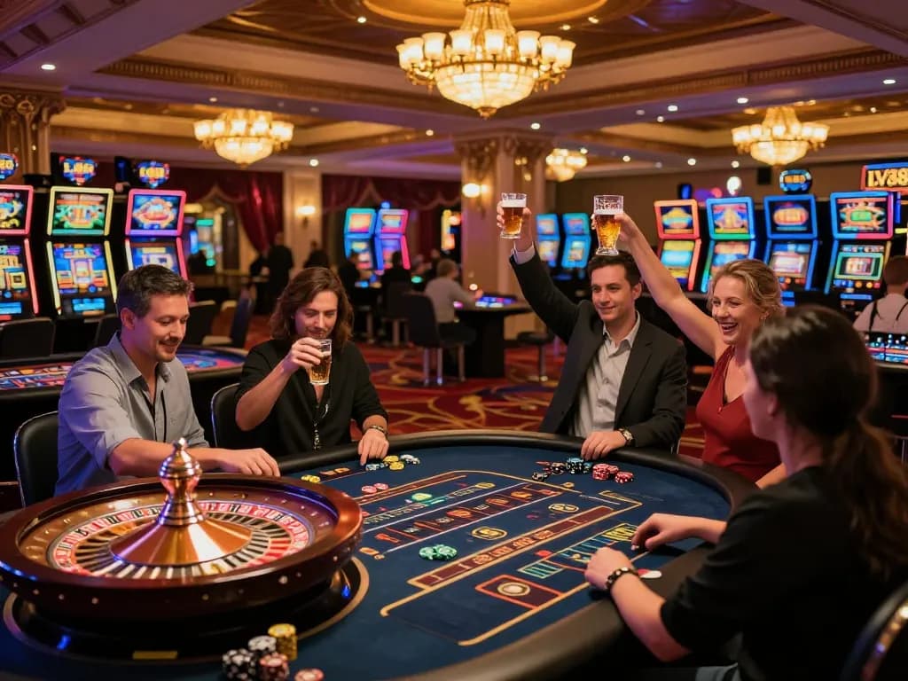 Players enjoying a lively game at LV88 casino, celebrating wins amid vibrant decor.