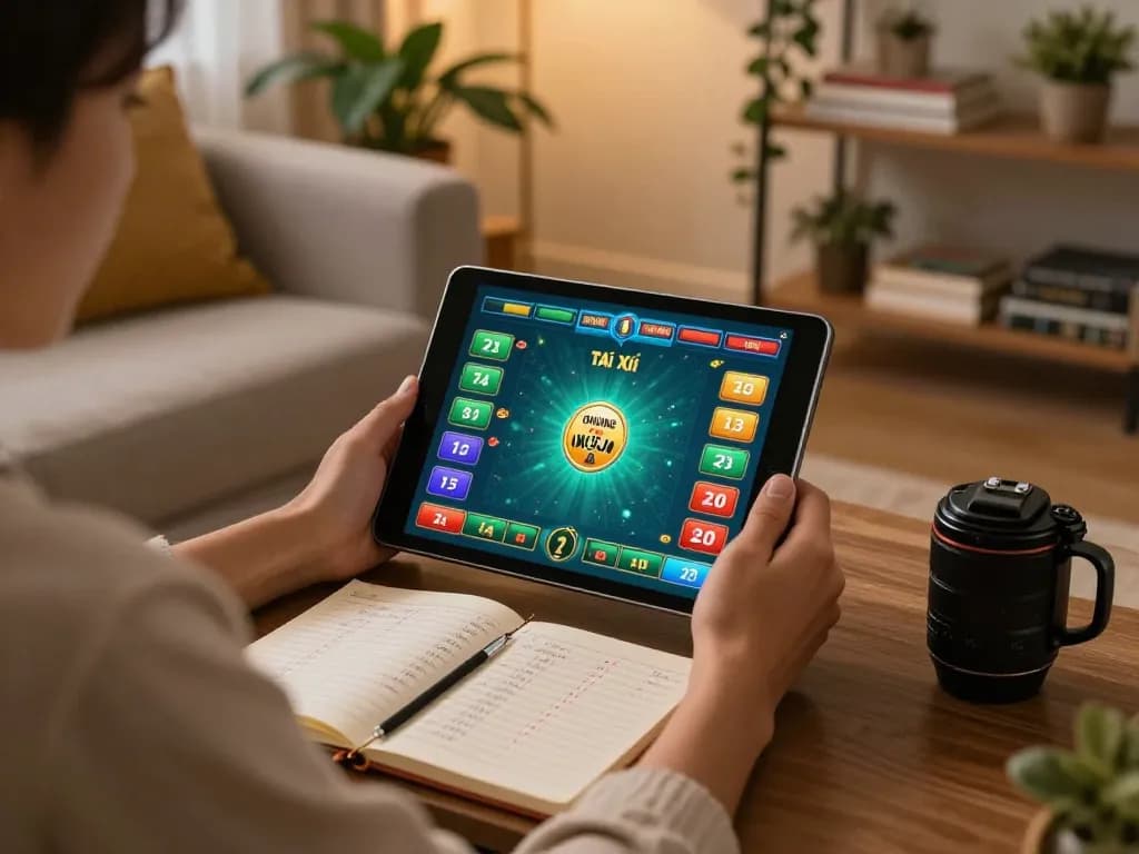 Engaged player strategizing Tài Xỉu gameplay at home using a tablet on the sofa, emphasizing responsible gambling.