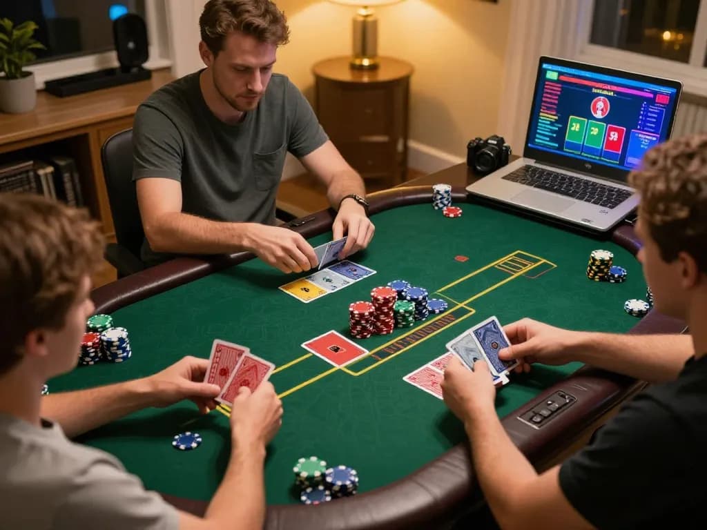 Engaging players at home playing poker on 13win com with vibrant cards and chips.