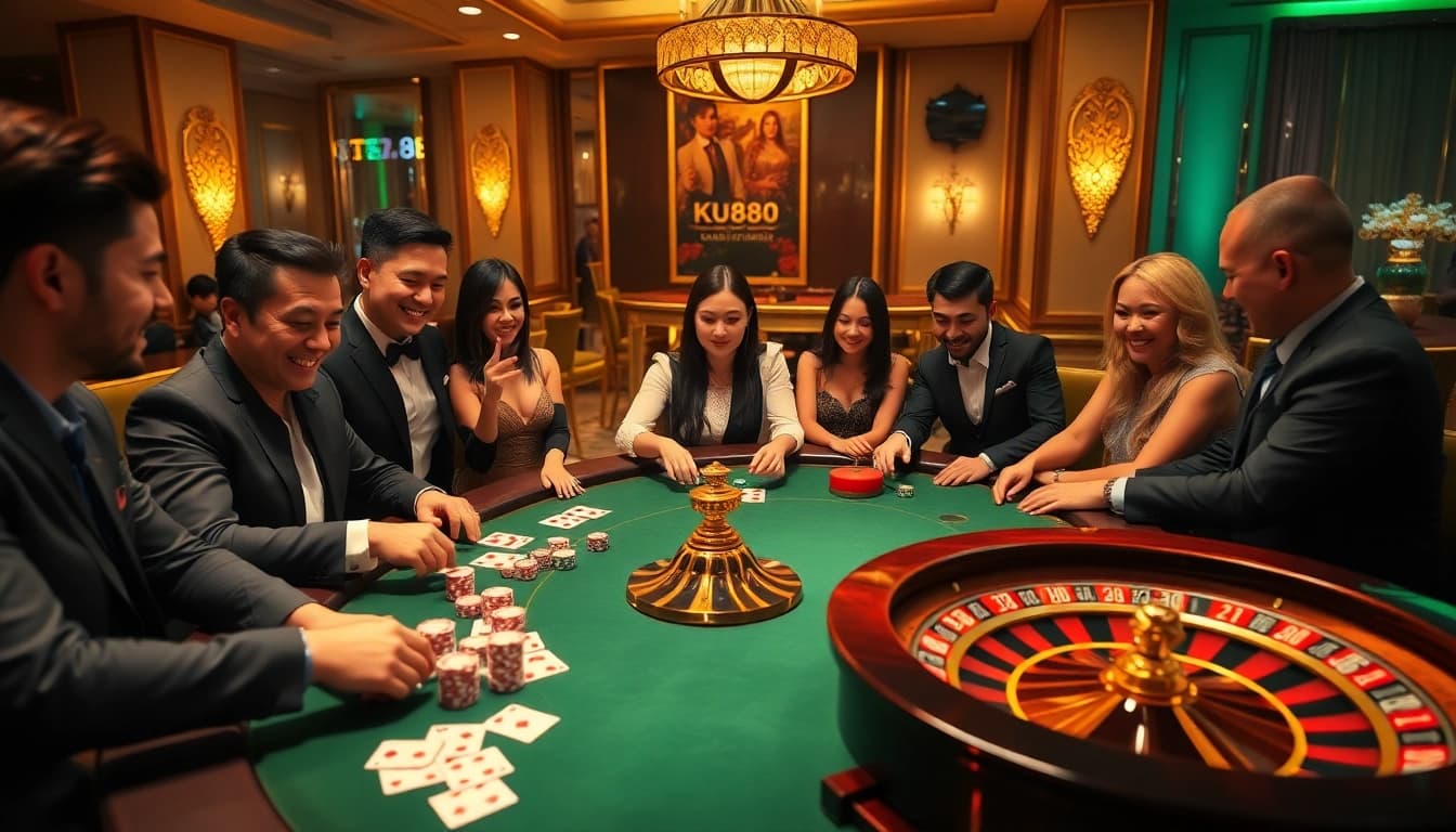 Excited players at the Ku88 gaming table enjoying a thrilling casino experience with poker chips and cards.